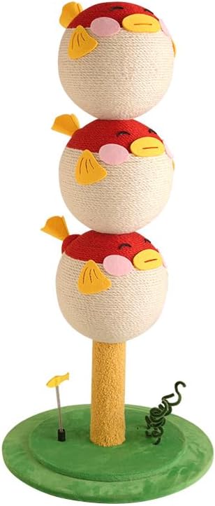 Cute Puffer Fish Cat Scratching Post – 3-Tier Climbing Tower with Sisal Rope, Flannel Base & Interactive Toy – Vertical Cat Tree Furniture for Indoor Cats & Kittens