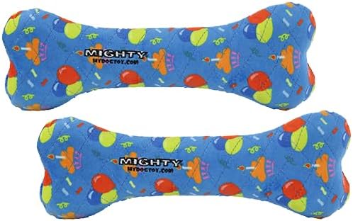 MIGHTY- NO Stuff Bone– Squeaky Plastic Core. 2-in-1 Toy. Made Durable, Strong & Tough. Interactive Play Dog Toy (Tug, Toss & Fetch). It Floats. (Celebration, Large 2 Pack)