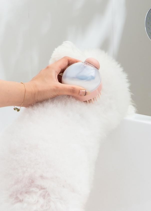 2-in-1 Pet Bath Brush with Shampoo Dispenser - Dog Grooming Scrubber for Long/Short Haired Dogs & Cats Free Shower Brush (BLUE C)