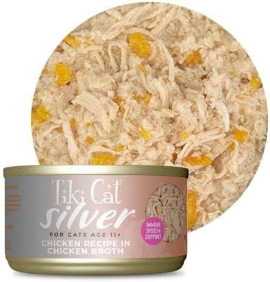Variety Pack of Tiki-Cat Silver Canned Cat Food for Seniors in 3 Flavors: 4 Chicken/Duck Mousse & Shreds, 4 Tuna/Mackerel and 4 Chicken in Chicken Broth (12 Cans Total, 2.4 Oz Each) Plus Silicone Lid