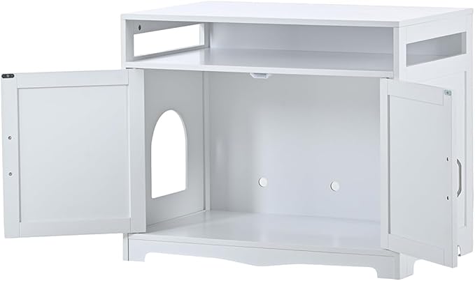 31.5" L White Cat Litter Box Enclosure with Hidden Plug & 2 Doors, Indoor Large Cat Washroom Storage Bench Side Table
