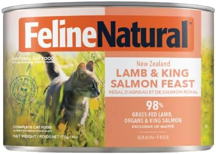 Feline Natural New Zealand Canned Catfood Wet Food, High-Meat, Low-Carb, & Grain Free Cat Food Wet, Lamb & Salmon Feast, 6 oz, Pack of 12