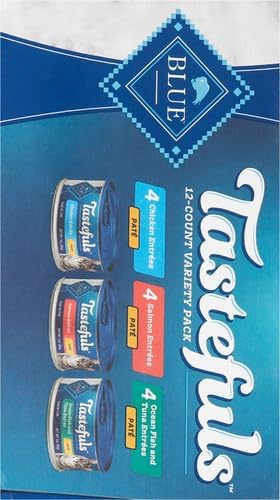 Blue Buffalo Tastefuls Natural Pate Wet Cat Food Variety Pack,Salmon,Chicken,Ocean Fish & Tuna Entrées 3-oz Cans (- 4 of Each Flavor),(Pack of 24)