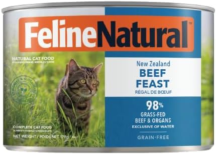 Feline Natural New Zealand Canned Catfood Wet Food, High-Meat, Low-Carb, & Grain Free Cat Food Wet, Beef Feast, 6 oz, Pack of 12