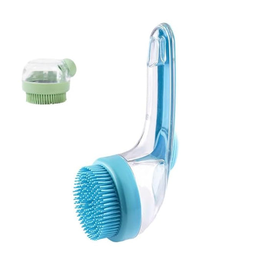 2-in-1 Pet Bath Brush with Shampoo Dispenser - Dog Grooming Scrubber for Long/Short Haired Dogs & Cats Free Shower Brush (BLUE X)