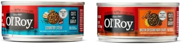 Ol's~Roys Wet Dog Food Variety Pack, 24 Cans, 5.5 oz Each, Bacon Cheeseburger & Country Stew in Gravy, Complete & Balanced Meal, Soft Texture for Small to Large Breeds, No Artificial Flavors