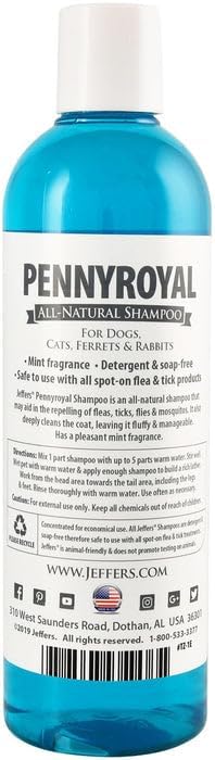 Jeffers Pet Natural Pennyroyal Dog Shampoo, 17 oz – Detergent & Soap Free Grooming, Mint Fragrance with Fresh Blue Color, Deep Cleaning Herbal Formula Leaves Coat Soft, Fluffy & Manageable