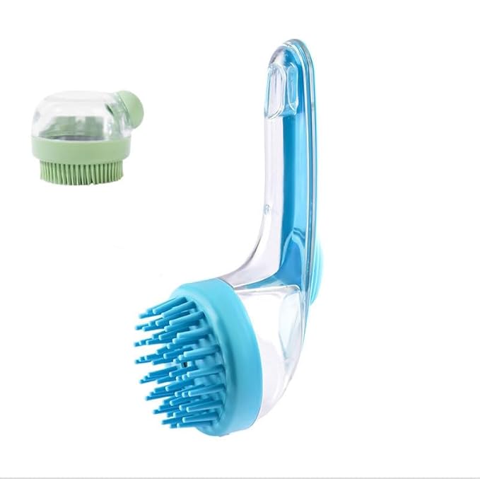 2-in-1 Pet Bath Brush with Shampoo Dispenser - Dog Grooming Scrubber for Long/Short Haired Dogs & Cats Free Shower Brush (BLUE C)