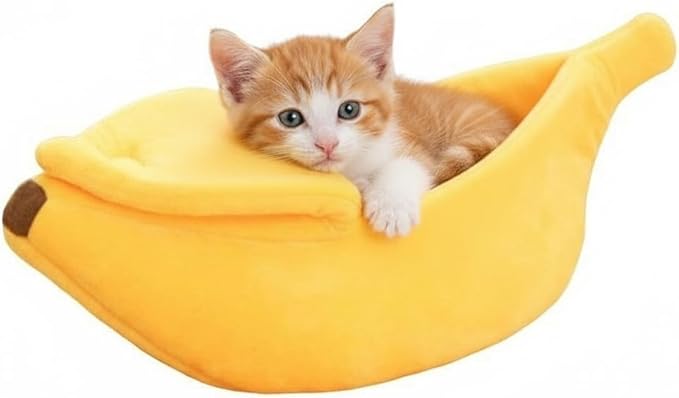 Banana Cat Bed for Kittens & Small Dogs – Funny Cute Yellow Plush Pet Cave, Cozy Indoor Hideaway for Puppies, Rabbits, and Small Pets