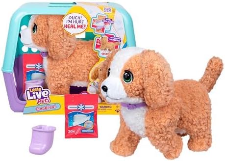 Little Live Pets Ouchies Amazon Exclusive Hazel The Poodle Plush, 50+ Sounds, Limping to Walking Puppy Toy & Carrier, Interactive Puppy Toy for Kids 5+