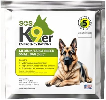 SOS Food Lab Emergency Dog Food Ration (8 Oz) - Pet Food Contains High Protein Chicken for Any Size Dog Breed - Ready to Eat Dry or Add Water - 5 Year Shelf Life - Formulated for Increased Endurance
