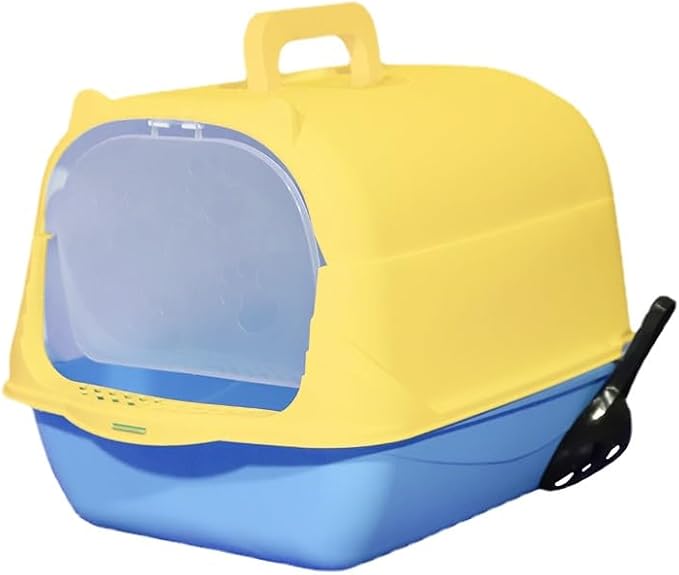 Cat Litter Box Enclosure Anti Splashcat Cat Toilet with Handle Clamshell Deodorization Kitty Litter Box Cat Supplies (Blue-Yellow)