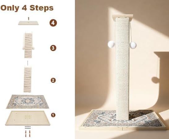 Tall Cat Scratching Post, 33" Boho Carpet Cat Scratcher with Perch for Indoor Cats, Large Base Sisal Scratch Post for Adults & Kittens with Dangling Ball Toy