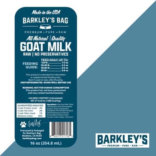 Barkley’s Bag Frozen Raw Goat Milk for Dogs, Single Ingredient, High Protein, Healthy Fats, Complete Balanced Nutrition, Human Grade, 16 oz (3 Bottle)