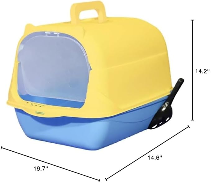 Cat Litter Box Enclosure Anti Splashcat Cat Toilet with Handle Clamshell Deodorization Kitty Litter Box Cat Supplies (Blue-Yellow)