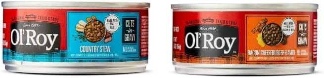 Ol's~Roys Wet Dog Food Variety Pack, 24 Cans, 5.5 oz Each, Bacon Cheeseburger & Country Stew in Gravy, Complete & Balanced Meal, Soft Texture for Small to Large Breeds, No Artificial Flavors