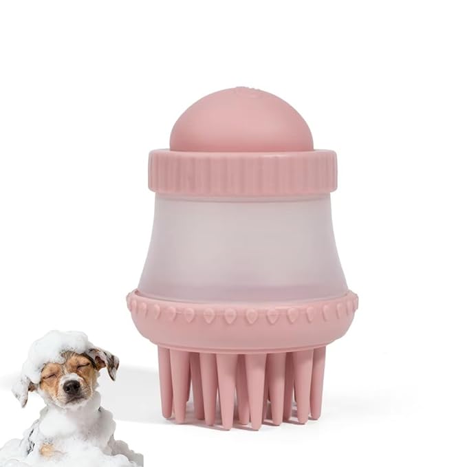 Pet Grooming Bath Brush Dog Cat Massage Brush Comb Bubble Maker with Shampoo Dispenser for Shower Scrubbing Remove Shedding Hair Soothing Massage Pet Supplies - Pink
