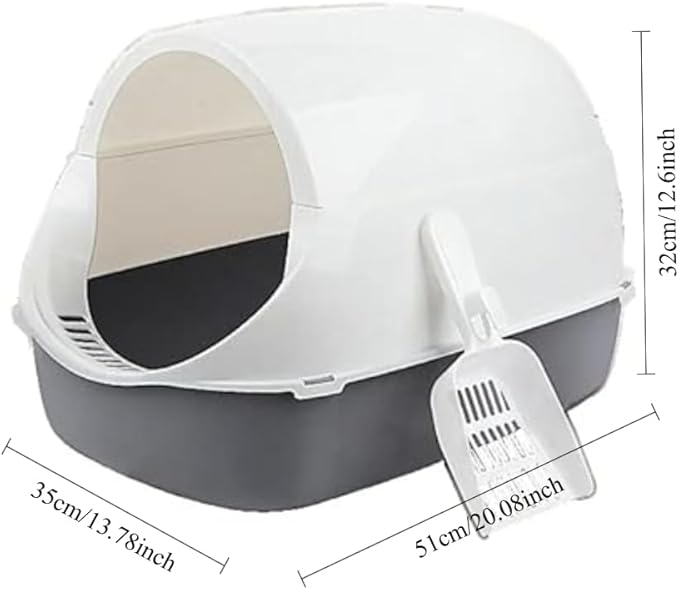 Semi-Enclosed Cat Litter Box with No Door& Built-in Scoop, XX-inch Splash-Proof Plastic PP Dual-Purpose Cat Toilet for Multi-Cat Households, Easy Clean Semi-Sealed 20.08"x 13.78" x 12.6"(Gray)