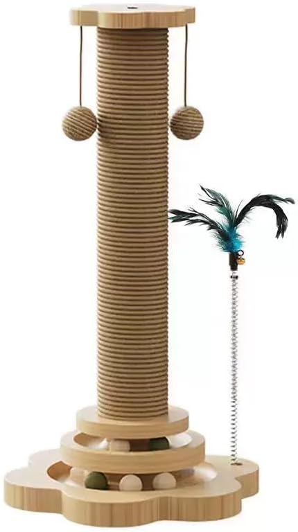 Cat Scratching Post, Interactive Feather Toy and 2 Sisal Hanging Balls for Indoor Kittens, Adult Cats- 18'' Height, 11'' Base, Natural Sisal Fiber & Sturdy Design.