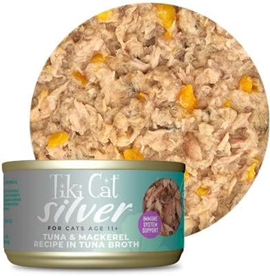 Variety Pack of Tiki-Cat Silver Canned Cat Food for Seniors in 3 Flavors: 4 Chicken/Duck Mousse & Shreds, 4 Tuna/Mackerel and 4 Chicken in Chicken Broth (12 Cans Total, 2.4 Oz Each) Plus Silicone Lid