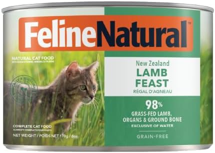 Feline Natural New Zealand Canned Catfood Wet Food, High-Meat, Low-Carb, & Grain Free Cat Food Wet, Lamb Feast, 6 oz, Pack of 12