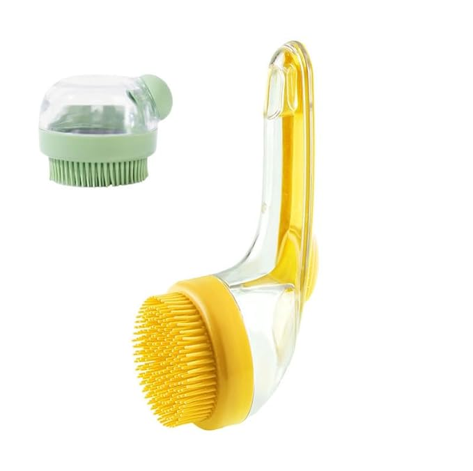2-in-1 Pet Bath Brush with Shampoo Dispenser - Dog Grooming Scrubber for Long/Short Haired Dogs & Cats Free Shower Brush (Yellow X)