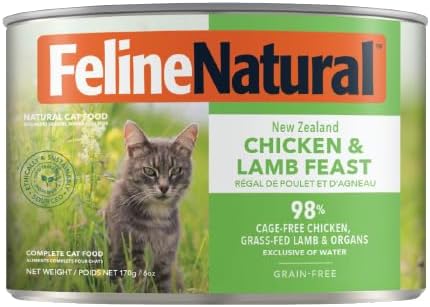 Feline Natural New Zealand Canned Catfood Wet Food, High-Meat, Low-Carb, & Grain Free Cat Food Wet, Chicken and Lamb Feast, 6 oz, Pack of 12