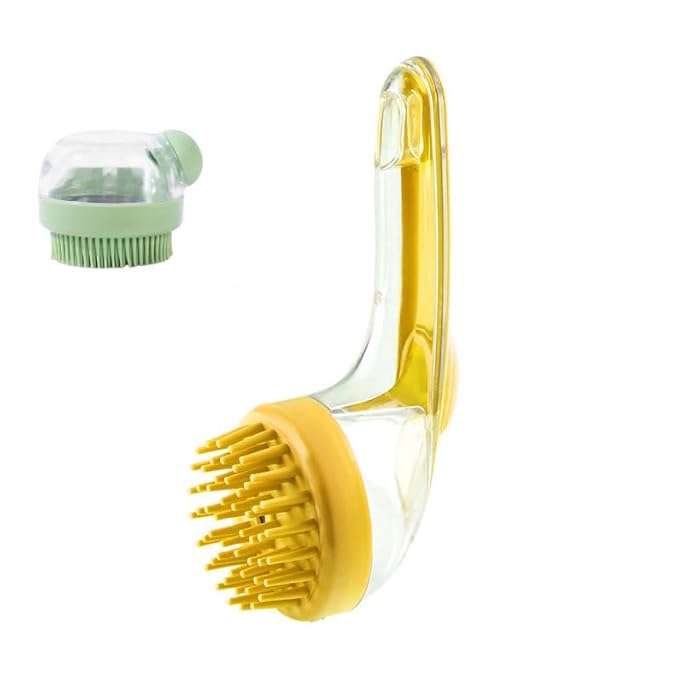 2-in-1 Pet Bath Brush with Shampoo Dispenser - Dog Grooming Scrubber for Long/Short Haired Dogs & Cats Free Shower Brush (YELLOW C)