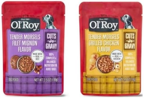 Ol's~Roys Cuts in Gravy Wet Dog Food Variety Pack, Tender Morsels Filet Mignon Flavor and Tender Morsels Grilled Chicken Flavor, 3.5 Oz ~ 8 Count ~ (2 Pack)
