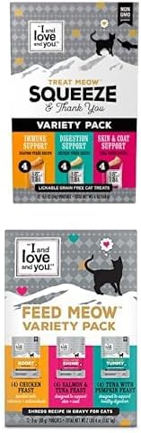 I AND LOVE AND YOU Cat Food & Treat Bundle – Feed Meow 3 oz Wet Pouches + Treat Meow Lickable Squeeze Treats Variety Pack, Grain-Free, Real Meat & Fish