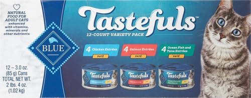 Blue Buffalo Tastefuls Natural Pate Wet Cat Food Variety Pack,Salmon,Chicken,Ocean Fish & Tuna Entrées 3-oz Cans (- 4 of Each Flavor),(Pack of 24)