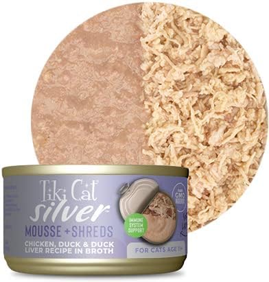 Variety Pack of Tiki-Cat Silver Canned Cat Food for Seniors in 3 Flavors: 4 Chicken/Duck Mousse & Shreds, 4 Tuna/Mackerel and 4 Chicken in Chicken Broth (12 Cans Total, 2.4 Oz Each) Plus Silicone Lid
