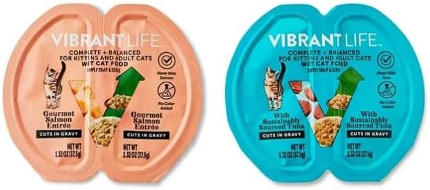 Tuna and Salmon Cuts in Gravy Wet Cat Food, Complete + Balanced Variety Pack ~ (2.64 Oz Split Cups) ~ (12 Pack) ~ Made Without Added Artificial Preservatives.