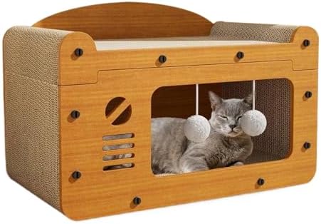 Multi-Function Cat Scratcher House Box,3-in-1 Scratch Pad and Soft Bed & Play Cave with Toys, Durable Build & Ideal for Cats/Kitty (Yellow,MD-TV)