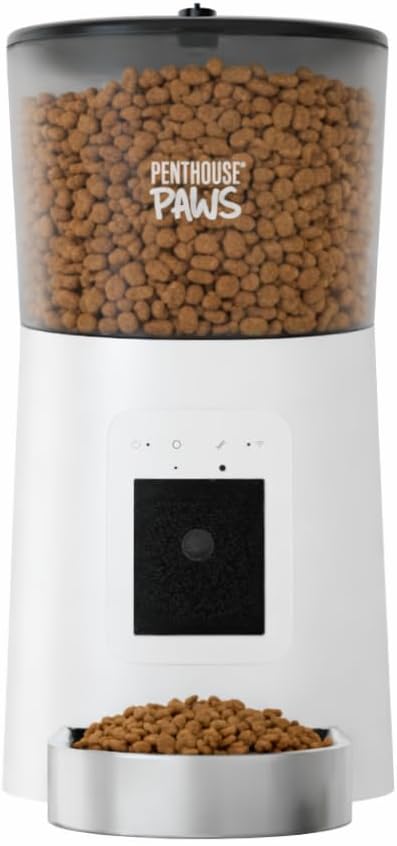 Penthouse Paws Smart HD Automatic Pet Feeder, 6L Dry Food Capacity, 1080p Camera, 2-Way Audio, Scheduled Meals, Backup Power, Easy to Clean, Anti-Jam Design for Cat & Dog, White/Stainless Steel