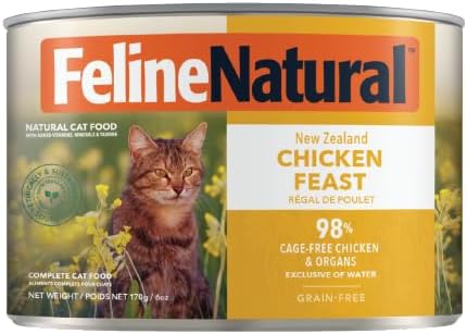 Feline Natural New Zealand Canned Catfood Wet Food, High-Meat, Low-Carb, & Grain Free Cat Food Wet, Chicken Feast, 6 oz, Pack of 12