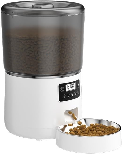 Automatic Pet Feeder 4L, Timed Cat and Dog Food Dispenser with Forced-Push Anti-Clog System, Dual Power Supply, Portion Control, Stainless Steel Bowl for Daily Feeding and Short-Term Travel