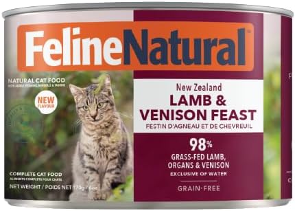 Feline Natural New Zealand Canned Wet Food, High-Meat, Low-Carb, & Grain Free Cat Food Wet, Lamb and Venison, 6 oz, Pack of 12