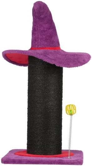 Halloween Wizard Hat Cat Scratching Post with Spring Ball Toy – Black Sisal Rope, Purple Spooky Theme, Durable MDF Base – Fun Indoor Scratcher for Cats & Kittens