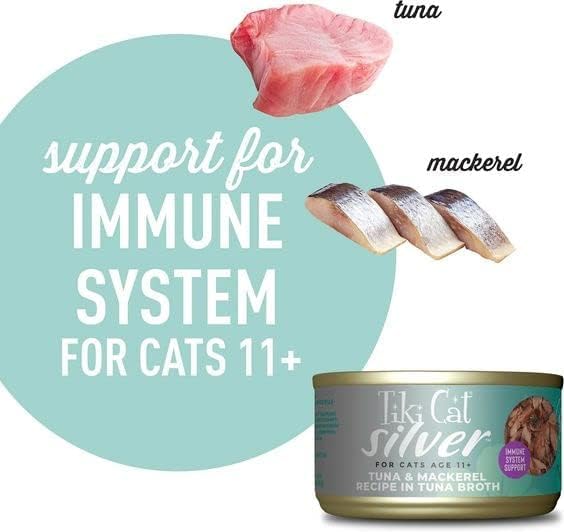 Variety Pack of Tiki-Cat Silver Canned Cat Food for Seniors in 3 Flavors: 4 Chicken/Duck Mousse & Shreds, 4 Tuna/Mackerel and 4 Chicken in Chicken Broth (12 Cans Total, 2.4 Oz Each) Plus Silicone Lid