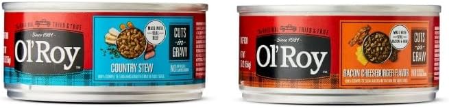 Ol's~Roys Wet Dog Food Variety Pack ~ 24 Cans ~ 5.5 Oz Each ~ Bacon Cheeseburger Flavor & Country Stew Cuts in Gravy, Complete and Balanced, Soft Texture, Small to Large Breeds, No Artificial Flavors.