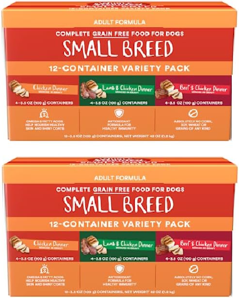 Grain Free Wet Dog Food Small Breed Variety Pack - Minced in Gravy Chicken Beef Lamb Soft Dog Food for Small Dogs - Sensitive Stomach Meal Topper Picky Eaters - 84oz (24 x 3.5oz Cups)