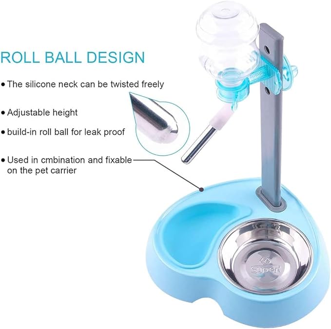 Super Design Elevated Pet Feeder with Stainless Steel Bowl & Automatic Water Dispenser – Adjustable Dog Cat Feeding Station with 360° Rotating Bottle, Non-Slip Base & Spill-Control Silicone Catcher