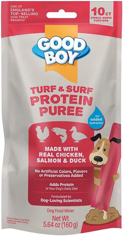 Good Boy Turk & Surf Protein Purees Dog Food Mixers for All Adult Dogs, 10 Count, Easy Single-Serve Triple Flavor Topper Treats with Chicken, Salmon and Duck