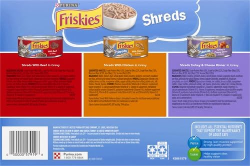 Friskies Wet Cat Food Variety Pack, Shreds Beef Chicken Turkey & Cheese | 48 Pack | 5.5 oz Cans