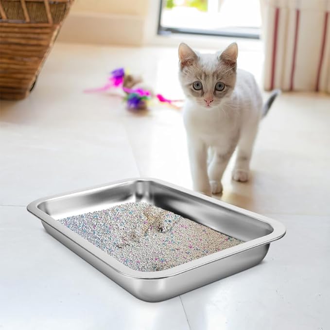 Stainless Steel Cat Litter Box Open Design Large Metal Litter Pan Easy to Clean Portable Kitten Tray for Cats and Small Pets