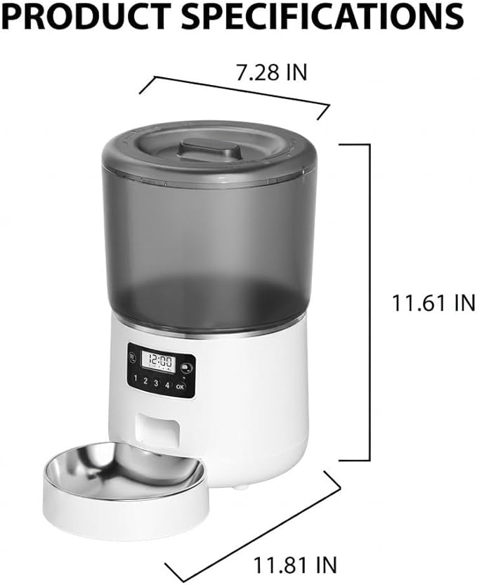 Automatic Pet Feeder 4L, Timed Cat and Dog Food Dispenser with Forced-Push Anti-Clog System, Dual Power Supply, Portion Control, Stainless Steel Bowl for Daily Feeding and Short-Term Travel
