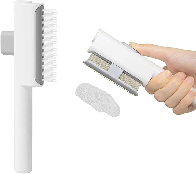 Cat Shedding Comb for Long Matted Hair, Cat Flea Comb for Indoor Cats or Dogs, Release Button Self-Cleaning Pet Combs, Long & Short Stainless Steel Metal Teeth, White