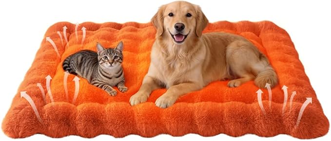 Self-Warming Dog Bed, Plush Faux Fur Mat with Anti-Slip Bottom, Ultra Soft Heated Pet Bed for Medium Large Dogs, Cozy Fluffy Pad for Carriers Couch Crate, Machine Washable, 35 x 27 Inch Orange