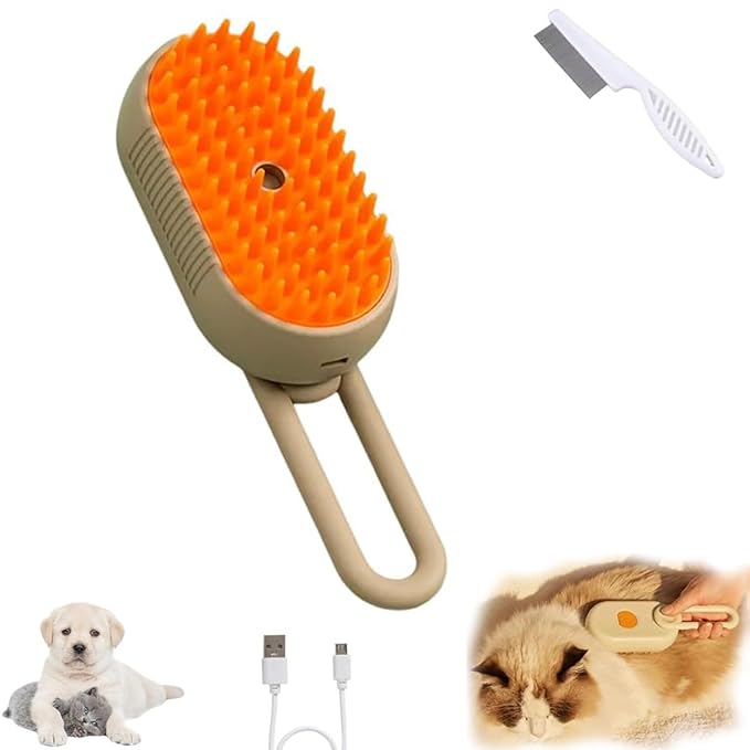 Pet Spritz Cat Defur Comb for Cats Dogs, 3-in-1 Self Cleaning Silicone Cat Steam Brush, Silicone Bristle Head 360° Rotating Pet Steam Brush (Khaki)